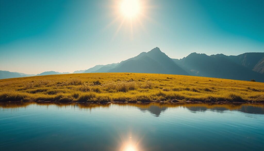 Uma paisagem serena retrata um estado financeiro e emocional equilibrado. No primeiro plano, um lago tranquilo reflete o céu azul, simbolizando a harmonia entre as responsabilidades fiscais e o bem-estar interior. No meio, um prado verdejante pontilhado de flores selvagens representa o florescimento do crescimento pessoal e da realização. Montanhas imponentes ao fundo sugerem a estabilidade e a segurança que o equilíbrio financeiro pode proporcionar. A luz quente e dourada lança um brilho suave, transmitindo uma sensação de contentamento e paz interior. A composição geral evoca uma sensação de plenitude, onde as preocupações materiais e o bem-estar emocional coexistem em perfeito equilíbrio.