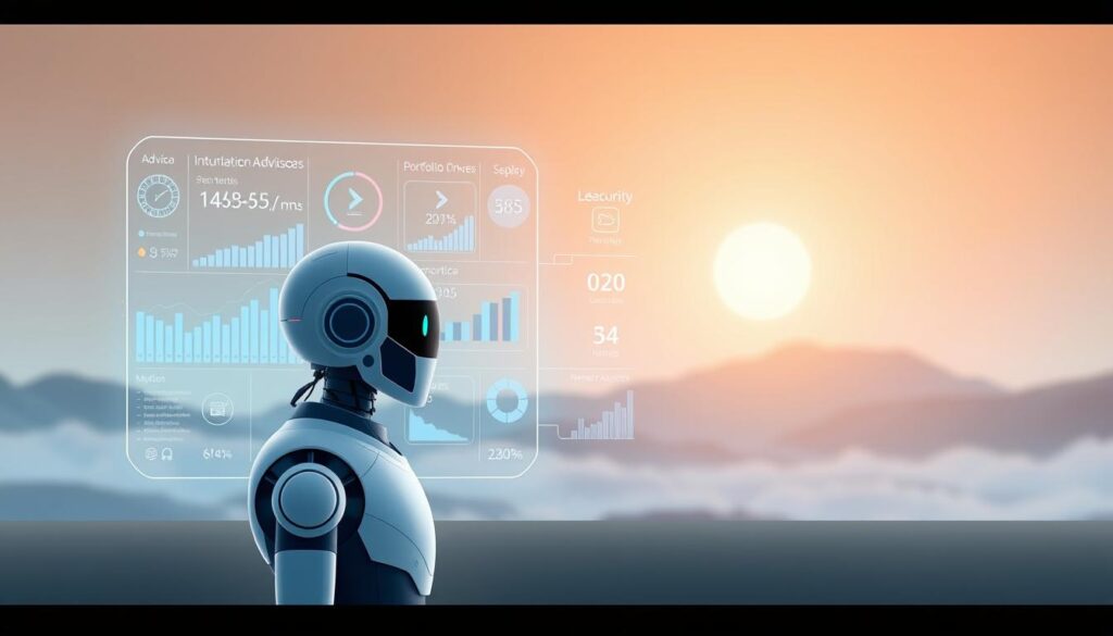 A serene, minimalist digital illustration depicting an automated investment platform. In the foreground, a stylized robot-advisor juxtaposed against a sleek, holographic display showcasing financial metrics and portfolio analytics. The middle ground features elegant, data-driven visualizations and infographic elements, conveying the intuitive, algorithm-driven nature of the robo-advisory service. The background is a softly blurred, ethereal landscape, evoking a sense of technological sophistication and financial security. The overall scene is bathed in a warm, diffused lighting, creating a calming, futuristic atmosphere that resonates with the concept of "Economia com investimento automatizado".