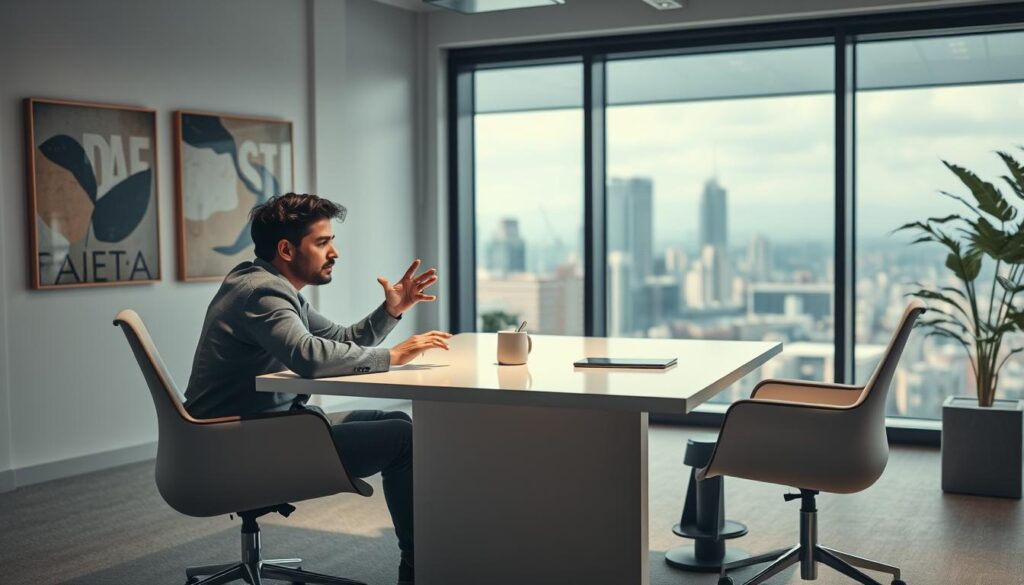 A serene office scene with a startup founder and an angel investor engaged in a thoughtful discussion. The founder, dressed in casual yet professional attire, sits across a sleek, minimalist desk, gesticulating enthusiastically as they describe their innovative business plan. The angel investor, an experienced and well-dressed individual, leans forward intently, eyes filled with a mixture of curiosity and sage wisdom. Soft, diffused lighting illuminates the scene, creating a warm and collaborative atmosphere. The background features muted, abstract art pieces and a panoramic city view through large windows, hinting at the high-stakes, high-growth potential of the startup. The overall composition conveys a sense of opportunity, guidance, and the symbiotic relationship between the entrepreneur and the angel investor. fundador de startup e um investidor anjo envolvidos em uma discussão reflexiva