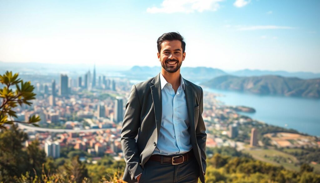 Uma cena serena e pitoresca de independência financeira. No primeiro plano, uma pessoa bem vestida em pé com confiança, sua expressão irradiando uma sensação de segurança e controle. No plano intermediário, uma vasta paisagem urbana com arranha-céus altos, vegetação exuberante e um céu azul claro. O fundo apresenta uma paisagem de tirar o fôlego, talvez colinas onduladas ou um lago tranquilo, banhado pela luz dourada e quente do sol. O clima geral é de paz, prosperidade e uma vida em equilíbrio, transmitindo a importância de entender as diferenças entre gastar, economizar e investir.