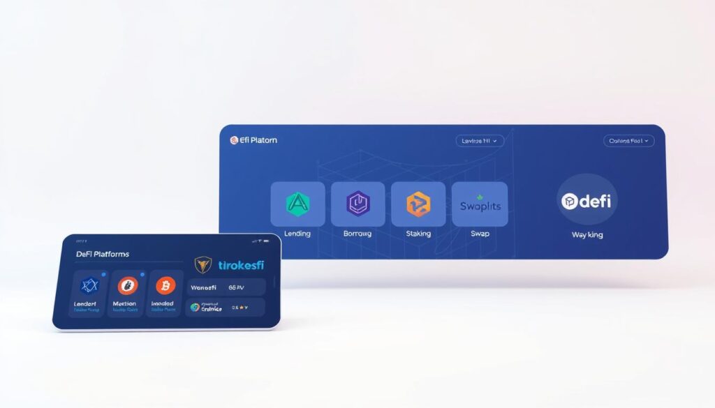 A sleek, modern UI interface showcasing the key DeFi platforms, set against a minimalist, clean background. In the foreground, vibrant icons and visualizations represent the core DeFi services like lending, borrowing, staking, and swapping. The middle ground features stylized representations of popular DeFi protocols, each with distinct branding and design. In the background, a subtle grid pattern or geometric shapes evoke the decentralized, interconnected nature of the DeFi ecosystem. The lighting is soft and diffused, creating a sense of depth and dimension. The overall mood is one of sophistication, innovation, and technological prowess, reflecting the transformative potential of decentralized finance.