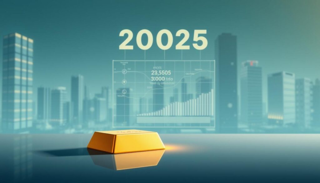 Uma ilustração elegante e moderna do programa de investimento 'Tesouro Direto' em 2025. Em primeiro plano, uma renderização 3D limpa e minimalista de uma barra ou moeda de ouro, emitindo um brilho metálico quente. No plano intermediário, uma sutil grade de pontos de dados flutuantes e gráficos financeiros, representando os detalhes do investimento e os retornos. O fundo apresenta uma paisagem urbana em tons frios, com arranha-céus e infraestrutura aludindo à natureza digital e conectada do sistema financeiro. A iluminação é nítida e direcional, criando profundidade e drama. O clima geral é de confiança, estabilidade e inovação tecnológica no âmbito dos investimentos apoiados pelo governo.