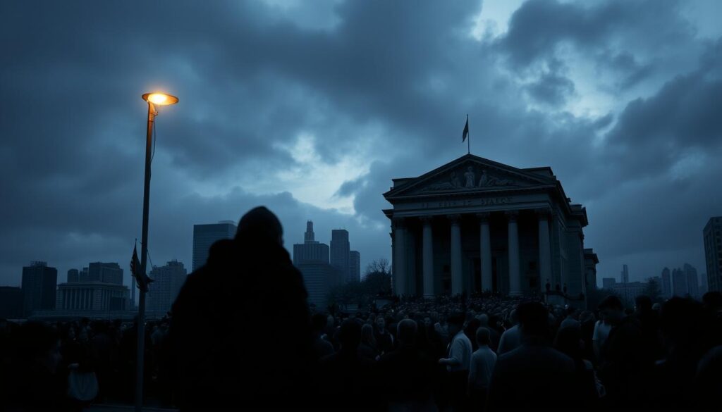A somber cityscape at twilight, cast in muted tones of gray and indigo. In the foreground, a shadowy figure stands before a crumbling financial institution, its once-imposing facade now weathered and worn. The middle ground features a sea of anxious investors, their faces etched with concern, gathered outside the institution's doors. In the distance, the skyline is obscured by a heavy cloud cover, symbolizing the uncertain economic climate. The scene is illuminated by a single streetlamp, its warm glow cutting through the gloom and creating a sense of unease. The overall atmosphere conveys the profound impact of inflation on secure investments, with a palpable sense of unease and financial vulnerability.