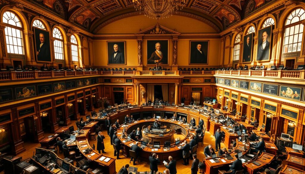 A vast, ornate trading floor of a historic stock exchange, bathed in warm, golden light filtering through arched windows. Rows of wooden desks and ornate brass fixtures evoke a bygone era of financial transactions. In the center, a grand, circular trading pit bustles with a flurry of activity as smartly dressed brokers shout orders, their gestures animated and urgent. The walls are adorned with intricate moldings and framed portraits of esteemed financiers from centuries past, their stern gazes presiding over the scene. An air of prestige and tradition permeates the space, reflecting the long, storied history of this hallowed institution of global finance.