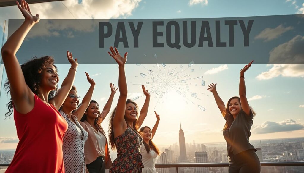 Uma cena vibrante e dinâmica que retrata a igualdade salarial para as mulheres. Em primeiro plano, um grupo de mulheres diversas se ergue orgulhosamente, com os braços erguidos em um gesto de empoderamento, e suas expressões irradiam confiança e determinação. O plano central apresenta um teto de vidro reluzente, estilhaçado e fragmentado, simbolizando a quebra de barreiras e o avanço das mulheres no mercado de trabalho. Ao fundo, uma paisagem urbana se estende, símbolo da mudança social mais ampla em direção à igualdade de oportunidades. A iluminação é acolhedora e inspiradora, lançando um brilho de esperança e progresso. O clima geral é de celebração, triunfo e a busca inabalável por justiça e equidade.