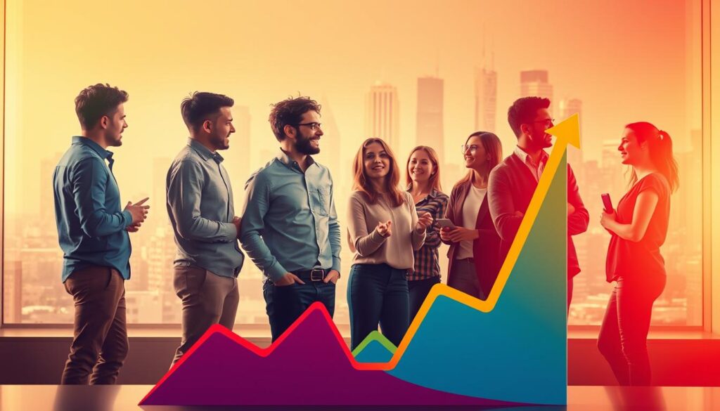 A vibrant, colorful startup-themed scene with a focus on potential returns. In the foreground, a stylized graph or chart displays an upward trajectory, representing the growth potential of startup investments. The midground features a diverse group of young, dynamic entrepreneurs engaged in animated discussions, conveying the energy and promise of the startup ecosystem. In the background, a city skyline or technological landscape provides a sense of scale and opportunity. Warm, directional lighting illuminates the scene, creating a sense of optimism and possibility. The overall composition should inspire a feeling of excitement and potential for those seeking to invest in the startup world.