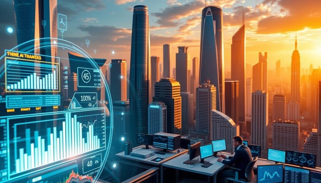 Uma paisagem urbana vibrante e futurista de um movimentado distrito financeiro, com arranha-céus imponentes e uma arquitetura moderna e elegante. Em primeiro plano, uma tela holográfica brilhante exibe dados financeiros e gráficos, visualizando os benefícios da análise e estratégias de investimento impulsionadas por IA. No meio, profissionais bem vestidos trabalham em suas mesas, cercados por telas e algoritmos. O fundo é banhado em uma luz dourada e quente, transmitindo uma sensação de prosperidade e inovação. A cena geral destaca como a IA está revolucionando a indústria financeira, capacitando instituições e investidores com melhores capacidades de tomada de decisão, gerenciamento de riscos e soluções de investimento personalizadas.