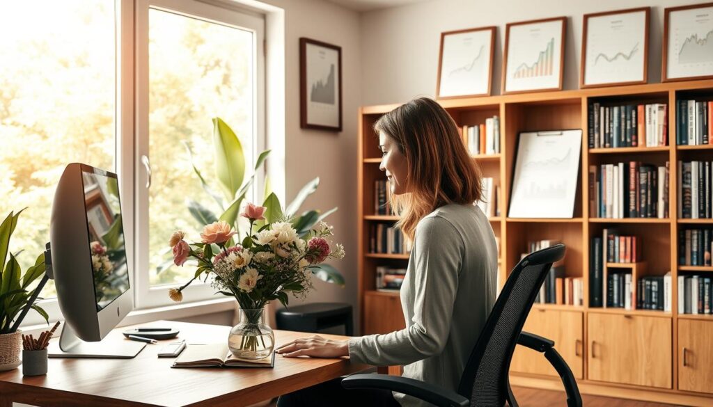 Uma cena interna acolhedora e convidativa com um escritório em casa aconchegante. Em primeiro plano, uma mesa de madeira com um computador de mesa moderno, um vaso de flores frescas e uma agenda ou caderno. Atrás, uma grande janela com vista para um jardim exuberante, com iluminação natural suave. Nas paredes, gráficos e tabelas financeiras emolduradas em tons suaves. Estantes de livros se alinham no fundo da sala, repletas de livros sobre finanças e investimentos. Uma cadeira de escritório ergonômica completa o espaço, criando uma atmosfera de produtividade focada e segurança financeira para uma profissional.