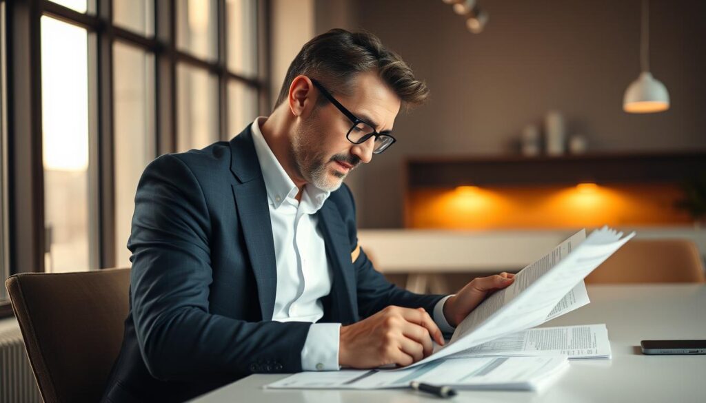 An elegant angel investor sitting at a modern desk, poring over financial documents and spreadsheets. Warm lighting from a large window casts a soft glow, creating a contemplative atmosphere. In the background, a sleek minimalist office space with subtle industrial accents. The investor's expression is one of focused concentration, underscoring the careful deliberation of the investment process. The scene conveys the thoughtful, collaborative nature of angel investing, where experienced individuals provide not just capital, but also guidance and mentorship to promising startups. Um elegante investidor-anjo sentado em uma mesa moderna, examinando documentos financeiros e planilhas