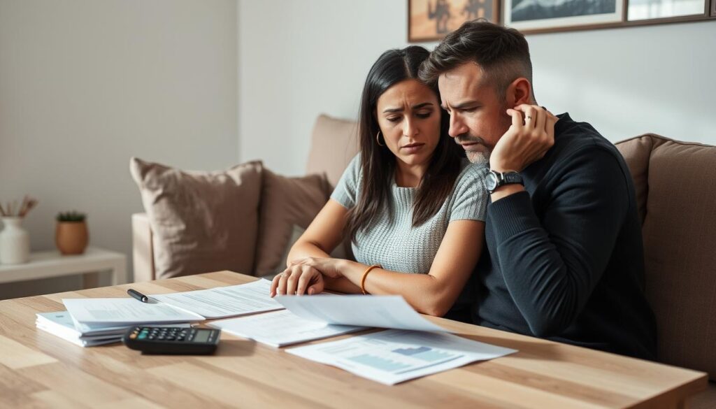 Casal discutindo sobre finanças com expressões preocupadas
