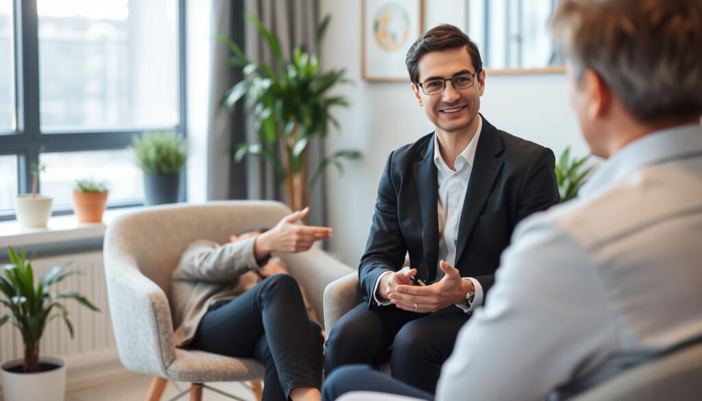 Consulta entre cliente e profissional de finanças ou psicólogo