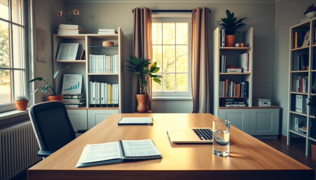 Estratégias financeiras detalhadas para uma melhor saúde mental e fiscal. Um escritório em casa sereno com uma mesa, cadeira e prateleiras exibindo documentos financeiros, livros e uma planta em vaso. Iluminação natural e quente de uma grande janela, lançando um brilho calmante. Na mesa, um laptop, um caderno de orçamento e um copo de água. A atmosfera transmite uma sensação de organização, foco e tranquilidade, refletindo o equilíbrio entre finanças pessoais e bem-estar geral.