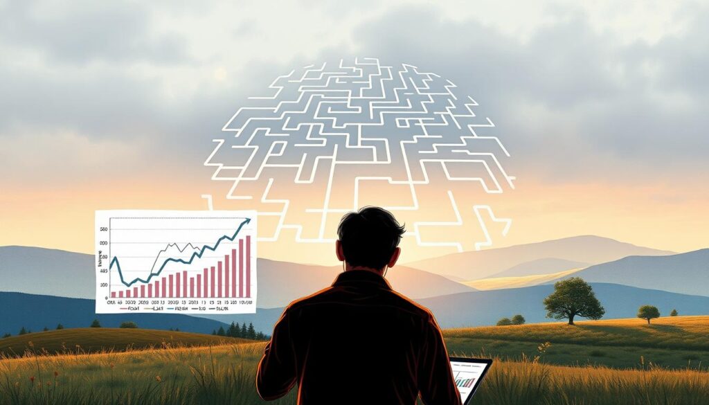 Ilustração detalhada de "Finanças Comportamentais e Tomada de Decisão". No primeiro plano, uma figura humana contemplando um gráfico e gráficos representando dados financeiros, transmitindo profunda reflexão e análise. O plano intermediário apresenta uma rede labiríntica de caminhos de decisão interconectados, simbolizando os complexos fatores psicológicos que influenciam as escolhas financeiras. O fundo retrata uma paisagem serena e contemplativa com iluminação suave, evocando uma sensação de atenção plena e introspecção. A cena geral deve comunicar a interrelação sutil entre o comportamento humano, as emoções e o processo de tomada de decisão no âmbito das finanças pessoais.