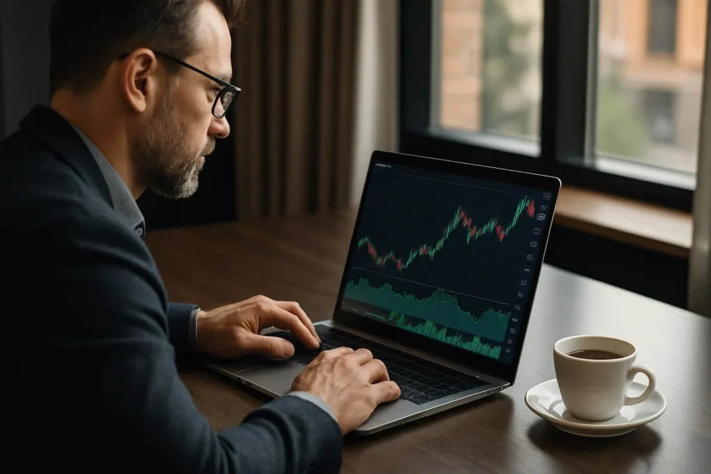investidor analisando gráficos financeiros em especial Dividendos Itaú e Itaúsa 2025 em um laptop moderno, com uma xícara de café ao lado, em um ambiente de escritório sofisticado, luz natural entrando pela janela, formato