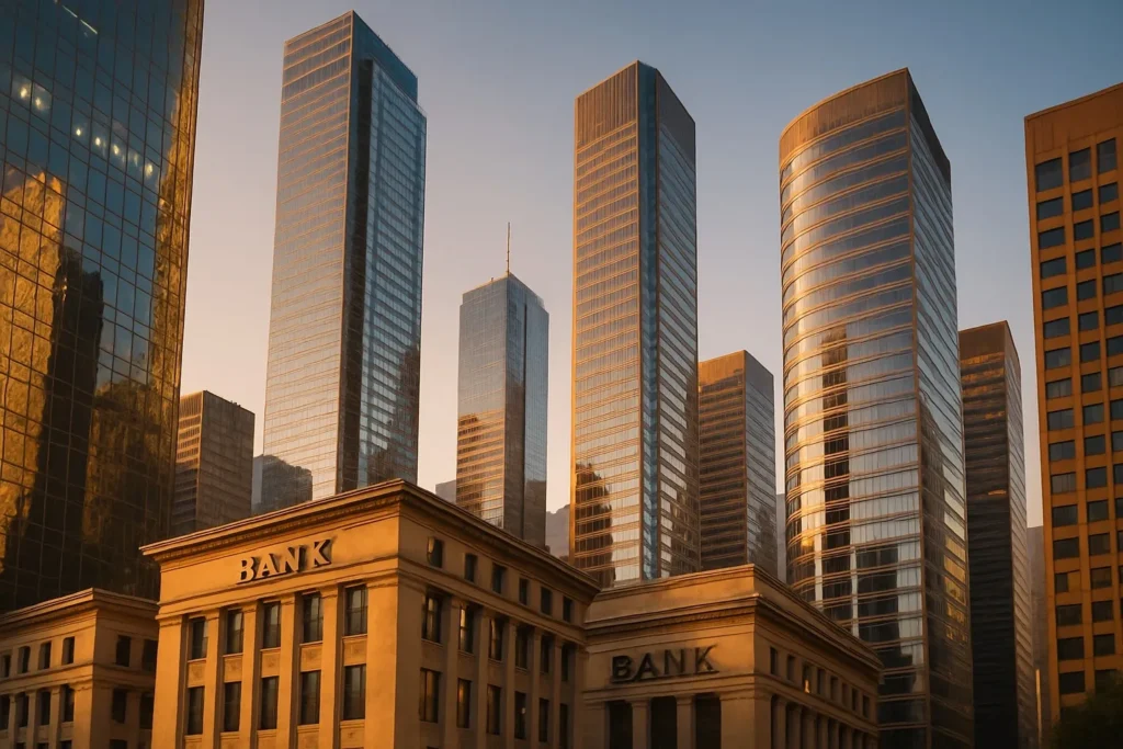 prédios modernos e sedes de bancos no centro financeiro de uma grande cidade ao entardecer, com céu claro e luz dourada, capturando um ambiente de estabilidade e confiança.