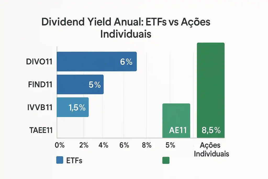 Que quanto mais você busca retorno, maior o esforço analítico exigido. Os ETFs funcionam como uma forma “semi-automática” de investir em dividendos, ideal para quem quer praticidade
