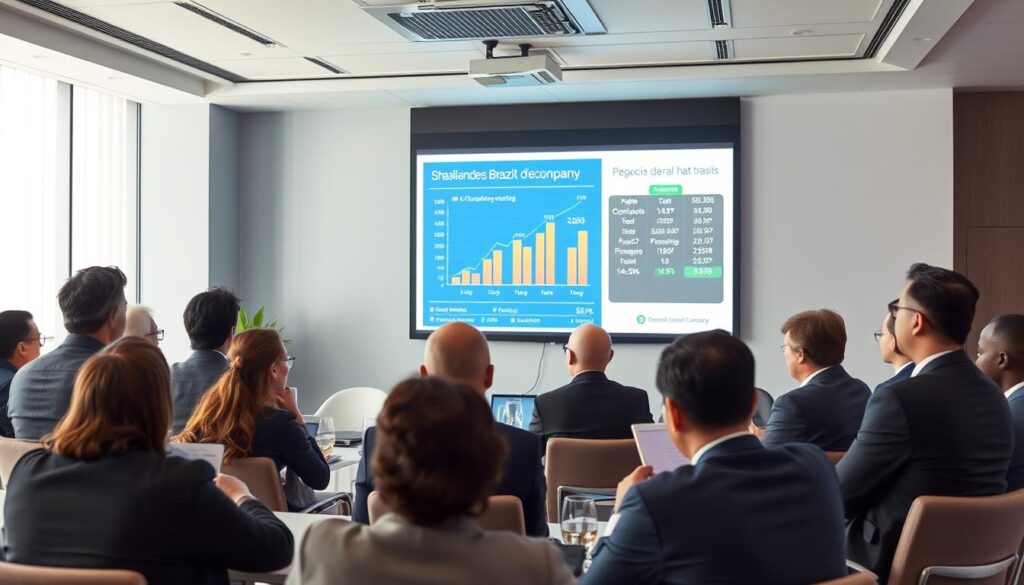 Imagem de uma reunião de acionistas de uma empresa brasileira - explicando rendimento de investir em ações