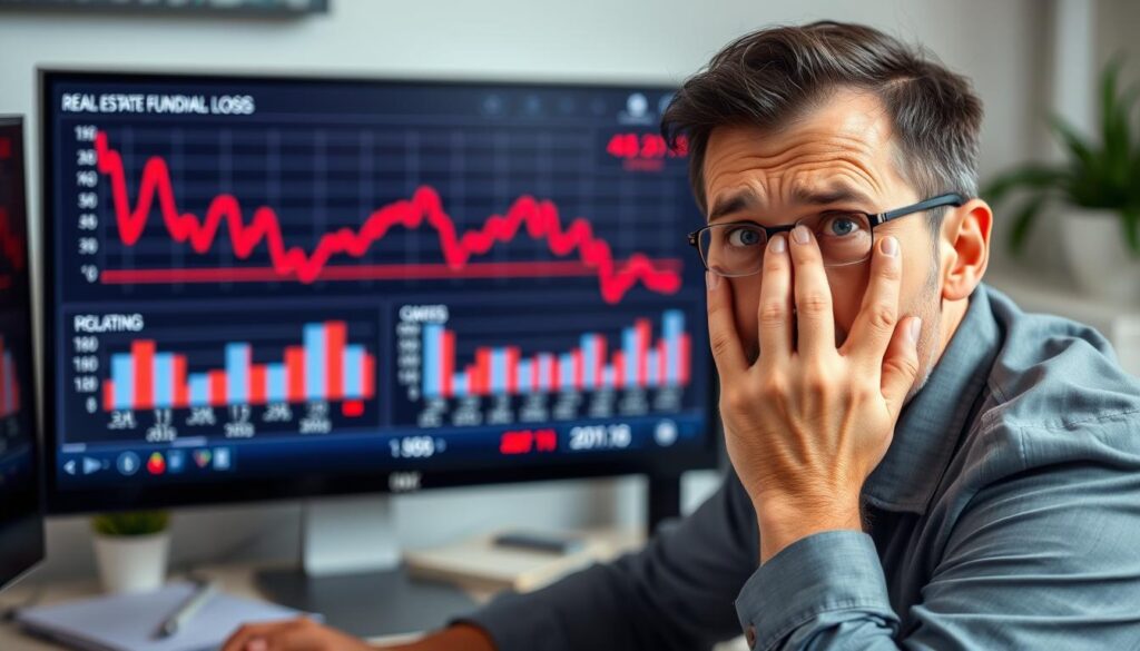 Pessoa analisando gráficos de FIIs com expressão de preocupação Pessoa analisando gráficos de FIIs com expressão de preocupação