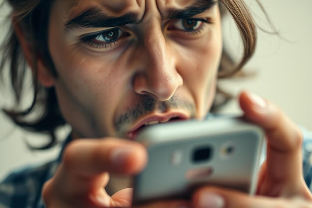 Pessoa com expressão de ansiedade verificando aplicativo bancário no celular