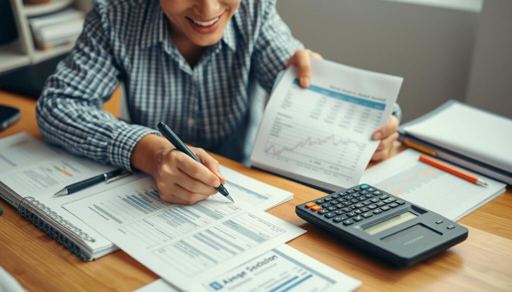 Pessoa organizando finanças com planilha e calculadora com expressão de alívio
