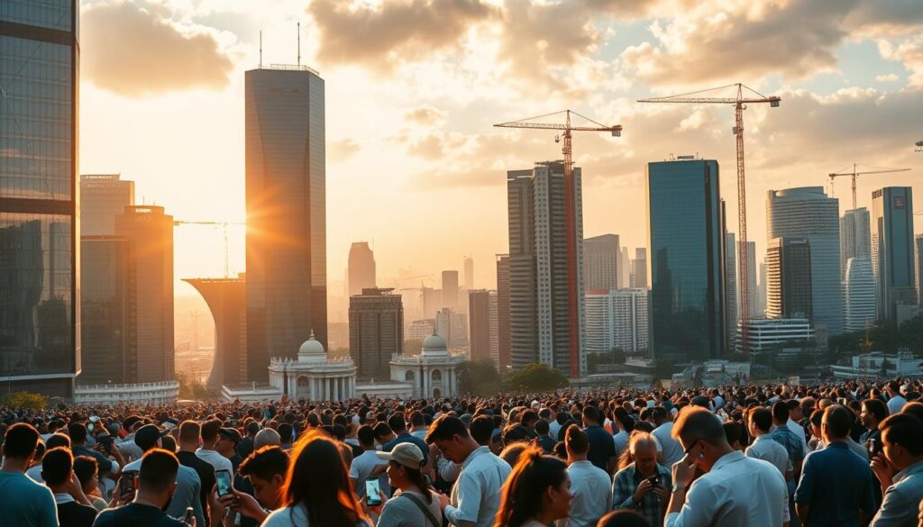 Prompt A dynamic cityscape showcasing the rapid growth of investment apps in Brazil. In the foreground, a cluster of modern skyscrapers representing the thriving digital banking landscape, their glass facades reflecting the city's vibrant energy. In the middle ground, crowds of people using their smartphones, engrossed in finance-related activities. The background features a bustling urban skyline, with cranes and construction sites signifying the continuous expansion of the digital financial sector. The scene is bathed in warm, golden lighting, conveying a sense of prosperity and optimism surrounding the burgeoning investment app market in Brazil.