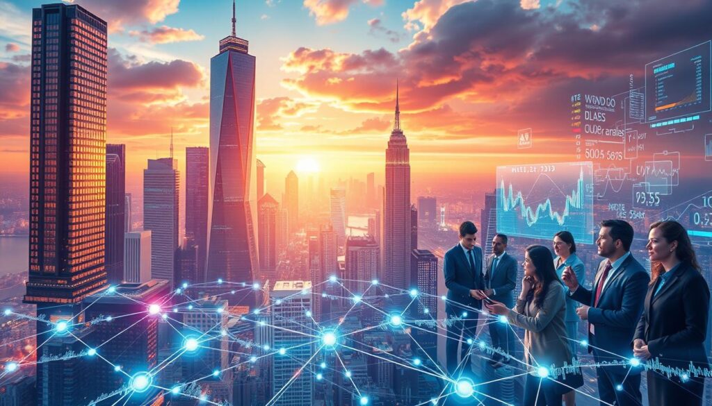 Uma representação visualmente impressionante da evolução da inteligência artificial nas finanças, mostrando uma paisagem urbana futurista com arranha-céus imponentes, displays holográficos e uma integração perfeita entre os reinos digital e físico. Em primeiro plano, uma rede de fluxos de dados interconectados e algoritmos converge, representando os sistemas complexos que alimentam os mercados financeiros modernos. O plano intermediário apresenta uma variedade diversificada de profissionais financeiros, investidores e analistas, cujas expressões transmitem tanto admiração quanto compreensão enquanto interagem com as ferramentas impulsionadas por IA à sua disposição. O fundo é uma paisagem vibrante iluminada por neon, insinuando os rápidos avanços e o potencial transformador desta tecnologia dentro do setor financeiro. A cena como um todo irradia uma sensação de inovação, eficiência e o alvorecer de uma nova era nas finanças.
