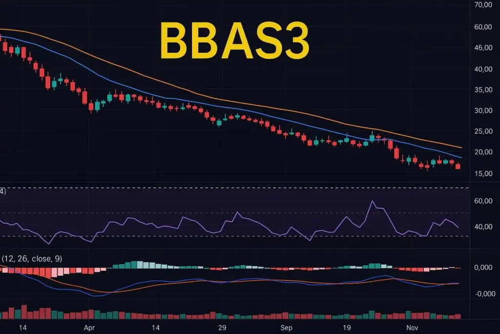 Gráfico de análise técnica das ações BBAS3 mostrando indicadores como RSI e MACD em julho de 2025