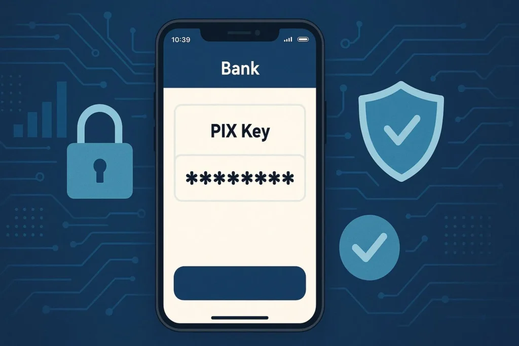 Uma ilustração moderna mostrando um smartphone com o app de banco aberto, exibindo uma chave PIX, rodeado por ícones de cadeado, escudo e símbolos de verificação, representando proteção e validação de dados. Fundo com elementos gráficos que remetem à tecnologia financeira e proteção contra fraudes, a importância de cadastrar chave pix em 2025