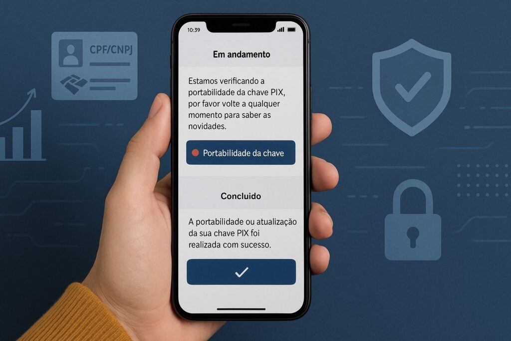 Um usuário realizando no celular o processo de atualização ou portabilidade da chave PIX, com telas do aplicativo exibindo notificações e confirmações. Ao fundo, gráficos e ícones de CPF/CNPJ, Receita Federal, e símbolos de segurança digital, transmitindo controle e conformidade com as novas regras.