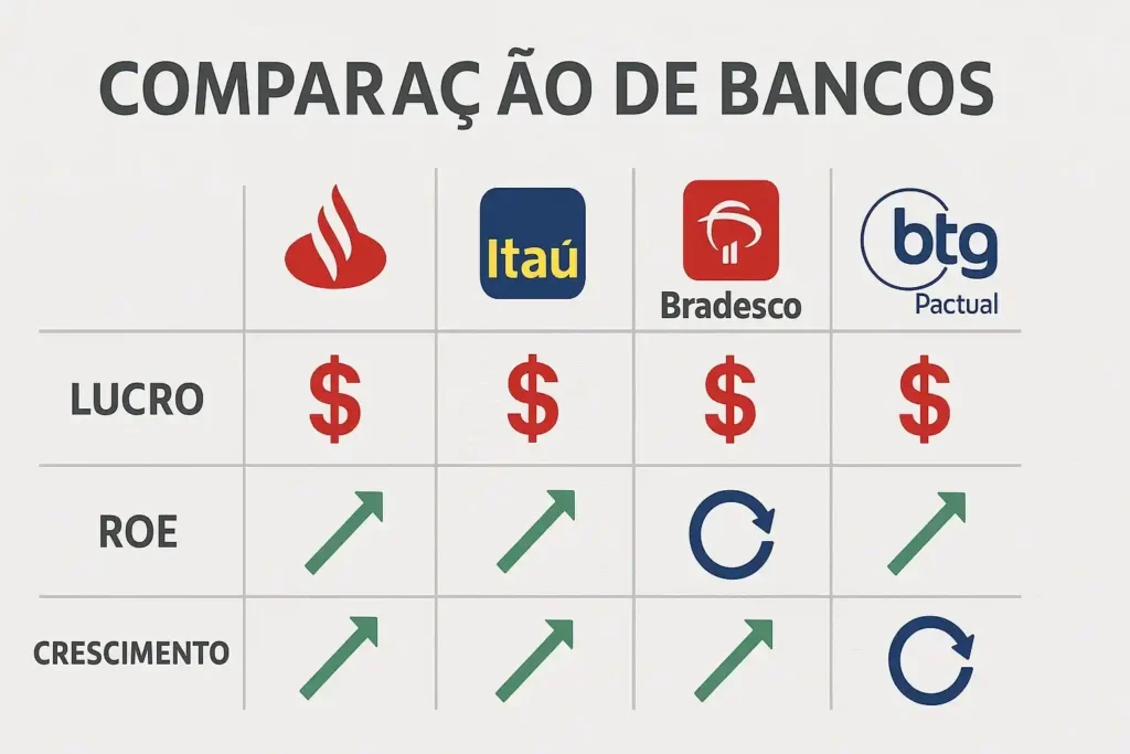 Infográfico comparativo dos resultados financeiros do Santander, Itaú, Bradesco e BTG Pactual no segundo trimestre de 2025