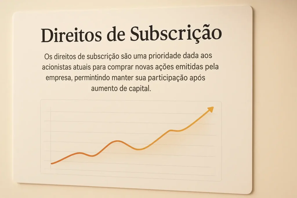 Um documento financeiro com o texto em português "direitos de subscrição" em destaque, posicionado contra um fundo limpo e profissional. O documento deve ter uma aparência nítida e de alta resolução, capturado com uma profundidade de campo rasa e iluminação morna e direcional para transmitir uma sensação de importância e autoridade. O clima geral deve ser de clareza informativa, adequado para um artigo sobre dividendos e estratégias de investimento.