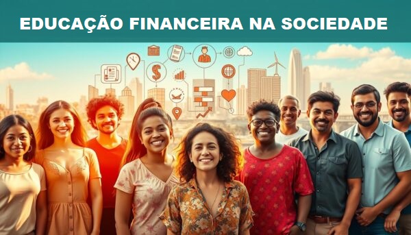 Uma cena vibrante e visualmente envolvente que demonstra os benefícios da educação financeira para a sociedade. Em primeiro plano, um grupo diversificado de pessoas, jovens e idosos, estão juntos, seus rostos exalando uma sensação de poder e confiança. No plano central, uma série de ícones e ilustrações em estilo infográfico retratam conceitos financeiros importantes, como orçamento, poupança e investimento. O fundo apresenta uma paisagem urbana, com prédios e infraestrutura modernos, simbolizando o progresso econômico e social promovido pela educação financeira. A cena é iluminada por uma luz quente e dourada, criando uma sensação de otimismo e prosperidade. A composição geral transmite o poder transformador da educação financeira, inspirando indivíduos e comunidades a alcançar segurança e bem-estar financeiro.(Editado)Restaurar original