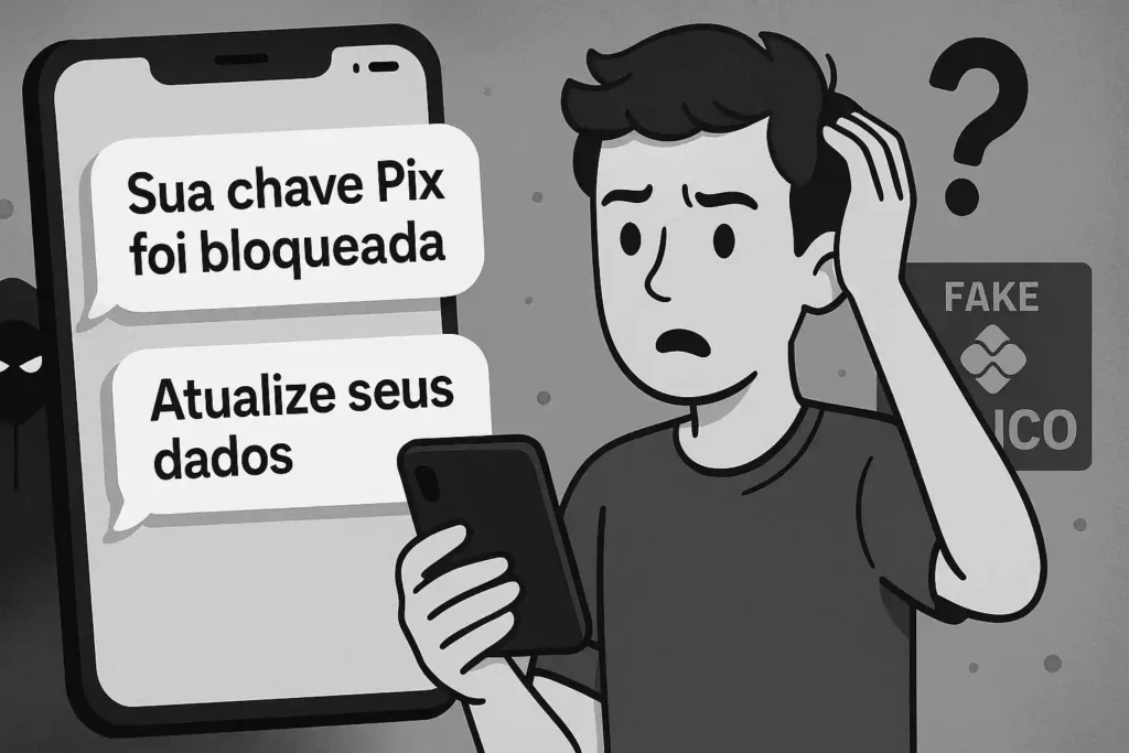 Ilustração de golpes usando chaves Pix expostas, com mensagens falsas e tentativa de phishing