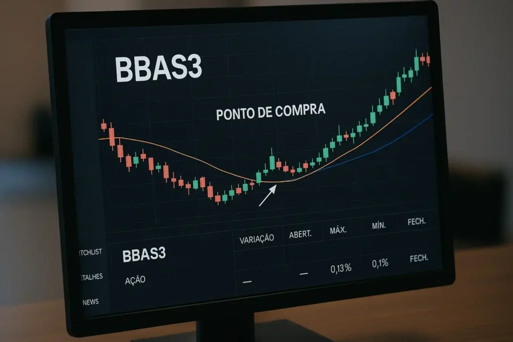 Tela de plataforma de investimentos destacando a ação BBAS3 como oportunidade de compra em julho de 2025