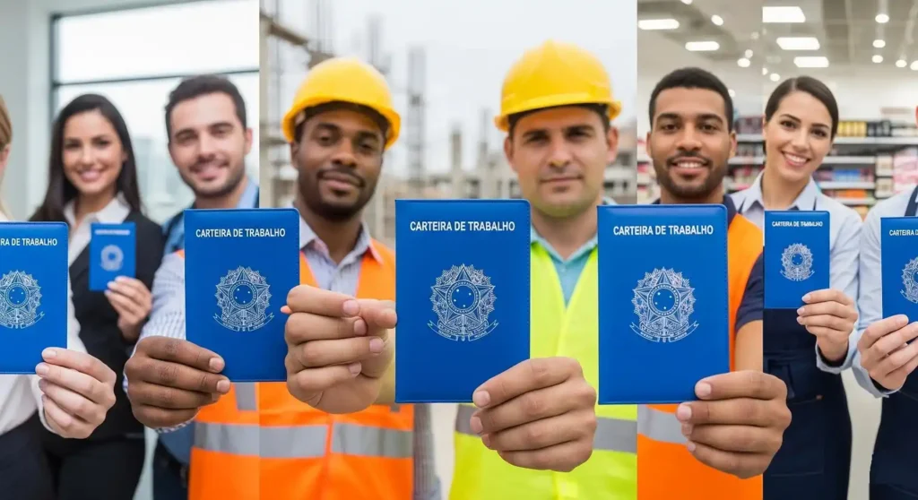 Trabalhadores brasileiros com carteira de trabalho nas mãos representando quem tem direito ao lucro do FGTS 2025