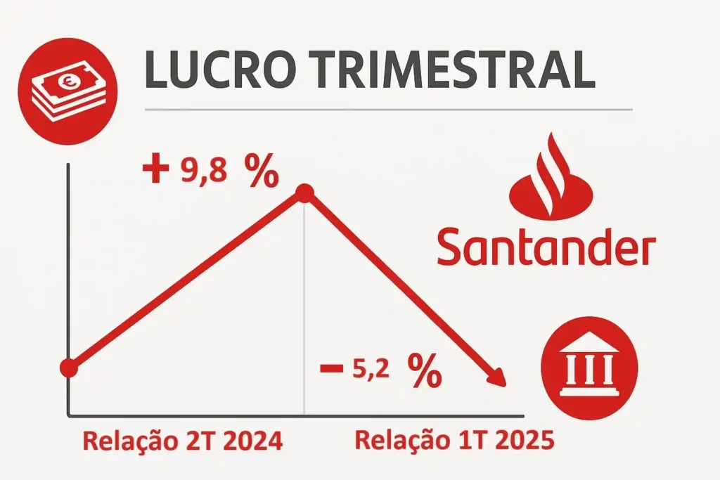 Gráfico mostrando o lucro e variação do Santander no 2T25 com ícones financeiros e cores do banco.
