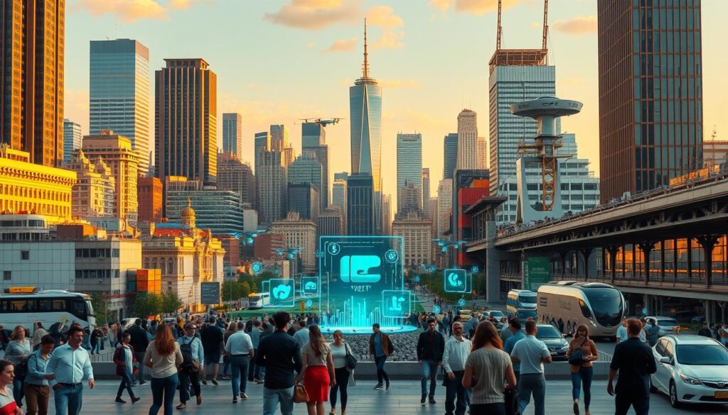 A bustling city skyline, with towering skyscrapers and a vibrant mix of modern and historic architecture. In the foreground, a group of people engaged in various activities, representing the diverse use cases of NFTs - real estate transactions, art sales, supply chain management, and more. The scene is bathed in warm, golden lighting, conveying a sense of progress and opportunity. The middle ground features a series of holographic displays, showcasing the integration of NFTs with physical assets and the seamless flow of digital and real-world transactions. In the background, a futuristic transportation hub, with autonomous vehicles and drone deliveries, underscoring the transformative potential of NFT technology in reshaping the future of investments and commerce.