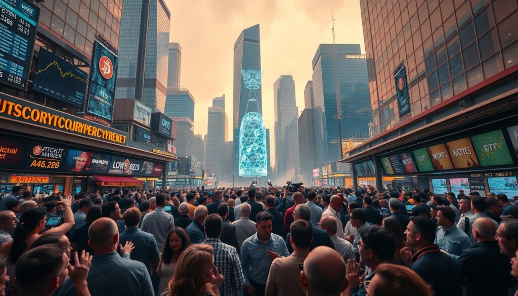 A bustling cryptocurrency market in the heart of a vibrant city, captured in a wide-angle photograph. The foreground features a lively crowd of traders and investors, gesticulating excitedly as they engage in animated discussions, their faces illuminated by the glow of digital displays. In the middle ground, towering holographic projections showcase the latest cryptocurrency trends and price fluctuations, casting a futuristic hue over the scene. The background is filled with a skyline of modern, glass-clad buildings, their reflective surfaces mirroring the energy and dynamism of the market below. Warm, diffused lighting creates a sense of anticipation and opportunity, while a slight haze in the atmosphere suggests the constant flux and evolution of this rapidly expanding financial landscape.