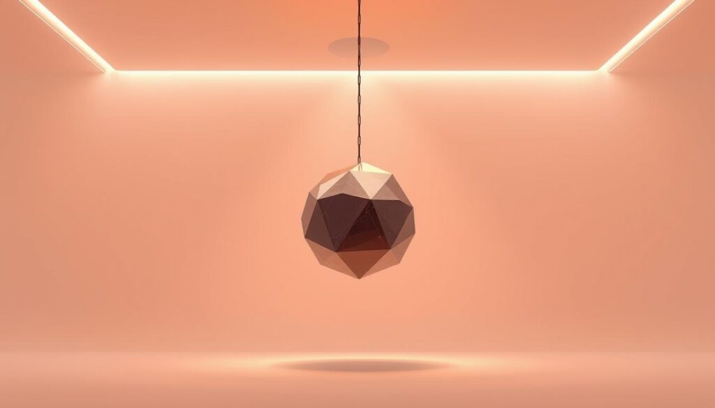 A digital representation of a real-world asset, depicted as a polygon-based 3D model suspended in a sleek, minimalist environment. The model is illuminated from above by a warm, diffused light, casting subtle shadows that accentuate its geometric forms. The background is a clean, neutral palette, allowing the digital asset to take center stage. The overall aesthetic conveys a sense of modernism, innovation, and the seamless integration of the physical and digital realms, reflecting the concept of "NFTs: A Tokenização de Ativos Reais".