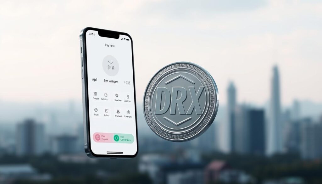 A modern digital payment interface with a clean, minimalist design. In the foreground, a smartphone display shows a seamless Pix transaction flow, with intuitive icons and a calm, aqua-toned color scheme. The middle ground features a sleek, metallic DREX coin, its sharp edges and reflective surface suggesting a cutting-edge digital currency. The background is a softly blurred urban skyline, conveying a sense of technological progress and economic dynamism. The overall mood is one of efficient, user-friendly digital finance, ready to streamline everyday transactions.