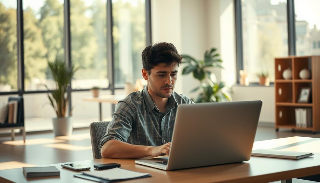 A modern office setting with a person sitting at a desk, working on a laptop. The room is filled with natural light streaming through large windows, creating a warm and productive atmosphere. The person's facial expression conveys a sense of worry or concern, reflecting the topic of "perda renda" (loss of income). The desk is neatly organized, with a few personal items visible, hinting at the individual's circumstances. The background features minimal decor, keeping the focus on the subject and their emotional state. The overall composition evokes a sense of unease and uncertainty, aligning with the broader theme of the article section. A modern office setting with a person sitting at a desk, working on a laptop. The room is filled with natural light streaming through large windows, creating a warm and productive atmosphere. The person's facial expression conveys a sense of worry or concern, reflecting the topic of "perda renda" (loss of income). The desk is neatly organized, with a few personal items visible, hinting at the individual's circumstances. The background features minimal decor, keeping the focus on the subject and their emotional state. The overall composition evokes a sense of unease and uncertainty, aligning with the broader theme of the article section.