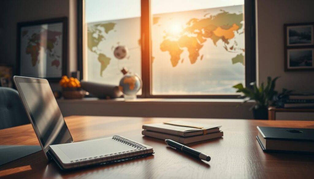 A neatly organized desk with a laptop, notebook, and pen, illuminated by warm, natural lighting from a large window. In the background, a world map and framed travel photos suggest an international focus. The overall atmosphere is one of focused, strategic planning - a visual representation of "planejamento" (planning) for an international trip on a budget. A neatly organized desk with a laptop, notebook, and pen, illuminated by warm, natural lighting from a large window. In the background, a world map and framed travel photos suggest an international focus. The overall atmosphere is one of focused, strategic planning - a visual representation of "planejamento" (planning) for an international trip on a budget.