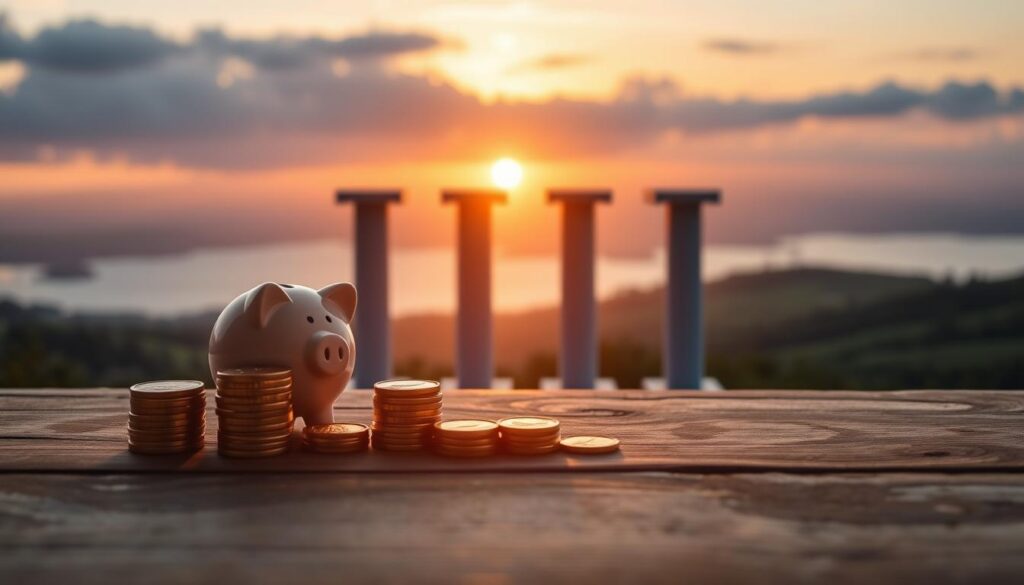 A serene and tranquil scene of the "pillars of FIRE" (Financial Independence, Retire Early) concept. In the foreground, a stack of gold coins and a piggy bank sit atop a wooden surface, casting warm, soft lighting. The middle ground features a set of four sturdy, abstract pillars in shades of blue and gray, symbolizing the key principles of FIRE: saving, investing, minimalism, and passive income. In the background, a peaceful landscape of rolling hills and a serene lake, with a setting sun casting a golden glow over the scene. The overall atmosphere conveys a sense of financial security, stability, and the freedom to live life on one's own terms. A serene and tranquil scene of the "pillars of FIRE" (Financial Independence, Retire Early) concept. In the foreground, a stack of gold coins and a piggy bank sit atop a wooden surface, casting warm, soft lighting. The middle ground features a set of four sturdy, abstract pillars in shades of blue and gray, symbolizing the key principles of FIRE: saving, investing, minimalism, and passive income. In the background, a peaceful landscape of rolling hills and a serene lake, with a setting sun casting a golden glow over the scene. The overall atmosphere conveys a sense of financial security, stability, and the freedom to live life on one's own terms.