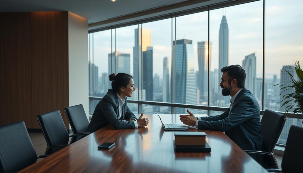 A serene financial negotiation scene set in a modern corporate office. In the foreground, two businesspeople sit across a polished wooden table, deep in discussion, their expressions intent yet hopeful. Behind them, a large window offers a view of a bustling cityscape, the towering skyscrapers bathed in warm, golden light. The room is well-lit, with a minimalist decor that exudes professionalism and refinement. The overall atmosphere conveys a sense of progress, as the two figures work towards a mutually beneficial debt renegotiation agreement.