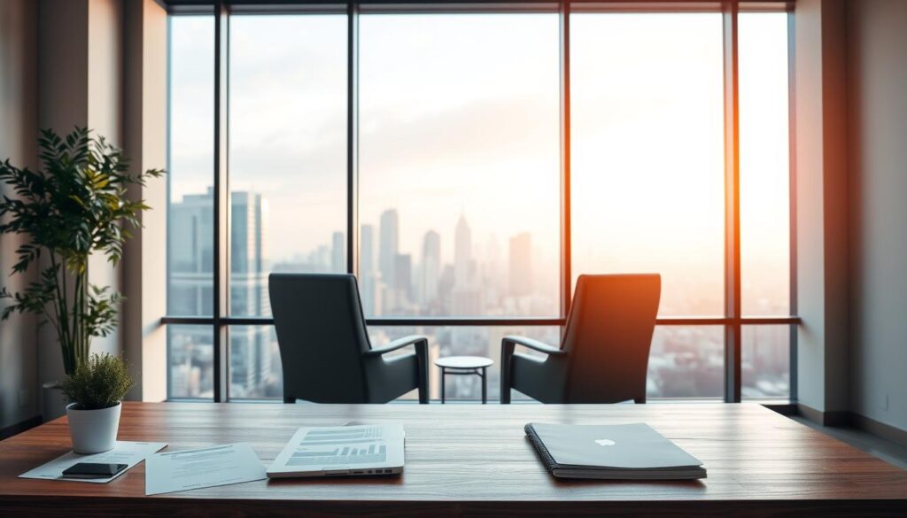 A serene office interior with a large window overlooking a bustling city skyline. In the foreground, a wooden desk with a laptop, some documents, and a potted plant. The middle ground features two chairs facing each other, implying a professional meeting or consultation. The background is softly lit, with warm, natural lighting filtering through the window, creating a calm and contemplative atmosphere. The overall scene conveys a sense of thoughtful consideration and discussion around the "condições gerais" of a private unemployment insurance policy. A serene office interior with a large window overlooking a bustling city skyline. In the foreground, a wooden desk with a laptop, some documents, and a potted plant. The middle ground features two chairs facing each other, implying a professional meeting or consultation. The background is softly lit, with warm, natural lighting filtering through the window, creating a calm and contemplative atmosphere. The overall scene conveys a sense of thoughtful consideration and discussion around the "condições gerais" of a private unemployment insurance policy.