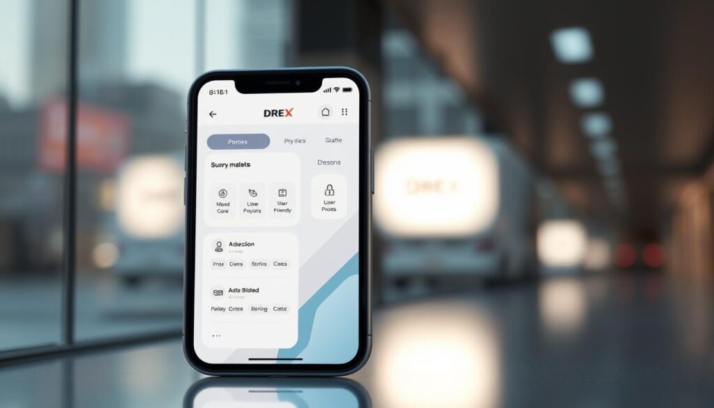 A sleek, minimalist digital wallet interface displayed on a modern smartphone screen. The foreground features an intuitive layout with clean icons and user-friendly menus, showcasing the key functions of the DREX digital currency system. The middle ground includes abstract geometric patterns and subtle brand elements, conveying a sense of security and technological sophistication. The background depicts a blurred cityscape, hinting at the integration of DREX into everyday urban life. The entire scene is illuminated by soft, directional lighting, creating a sophisticated and visually appealing composition.