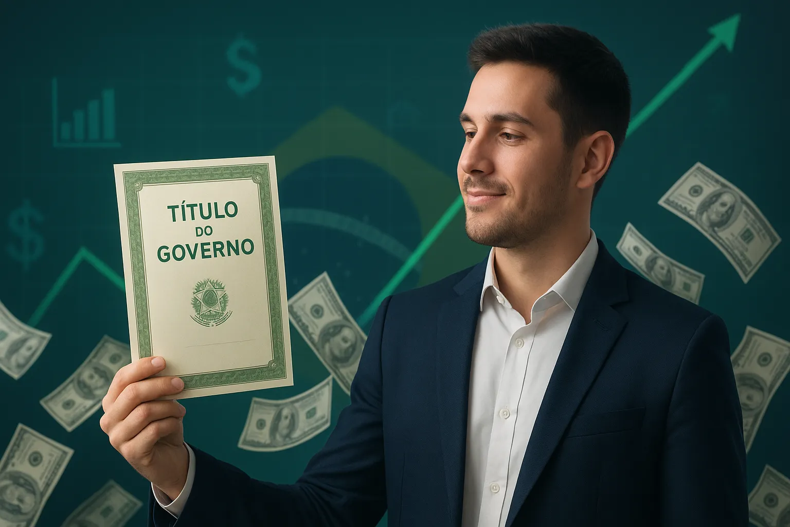 Capa do artigo sobre marcação a mercado mostrando investidor e crescimento financeiro com títulos públicos.