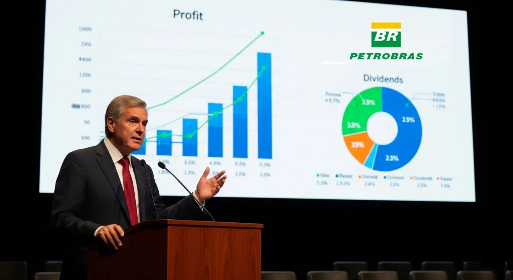 Executivo da Petrobras apresenta resultados financeiros do 2º trimestre de 2025 em coletiva de imprensa, com gráficos de lucro e dividendos ao fundo.