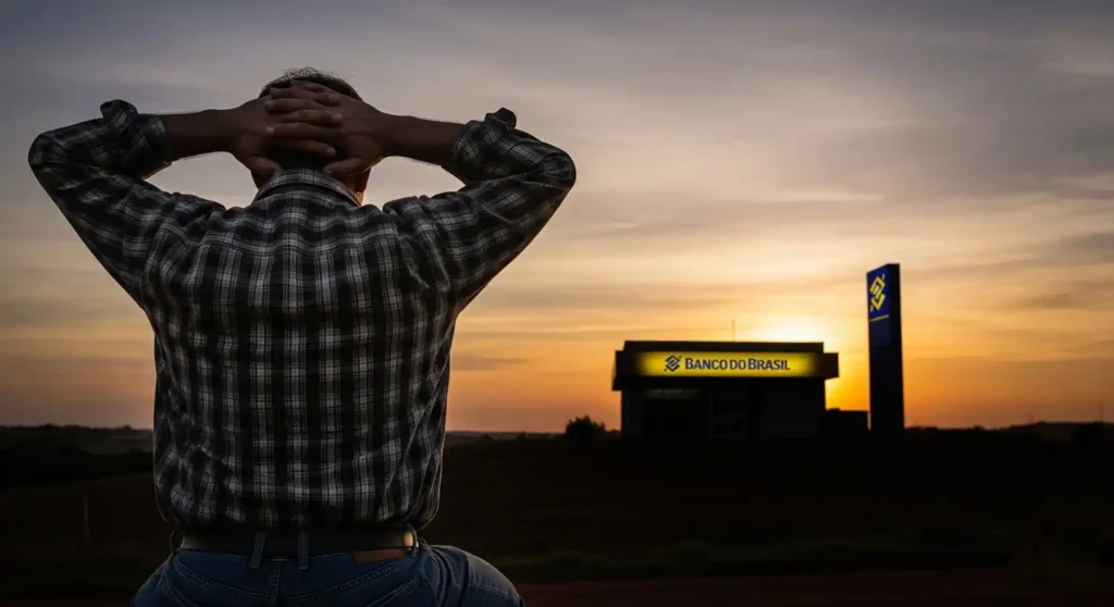 Ilustração dramática mostrando um advogado oferecendo um documento de "recuperação judicial" a um agricultor preocupado, com um campo de soja ao fundo. Representa a crise da dívida no agronegócio.