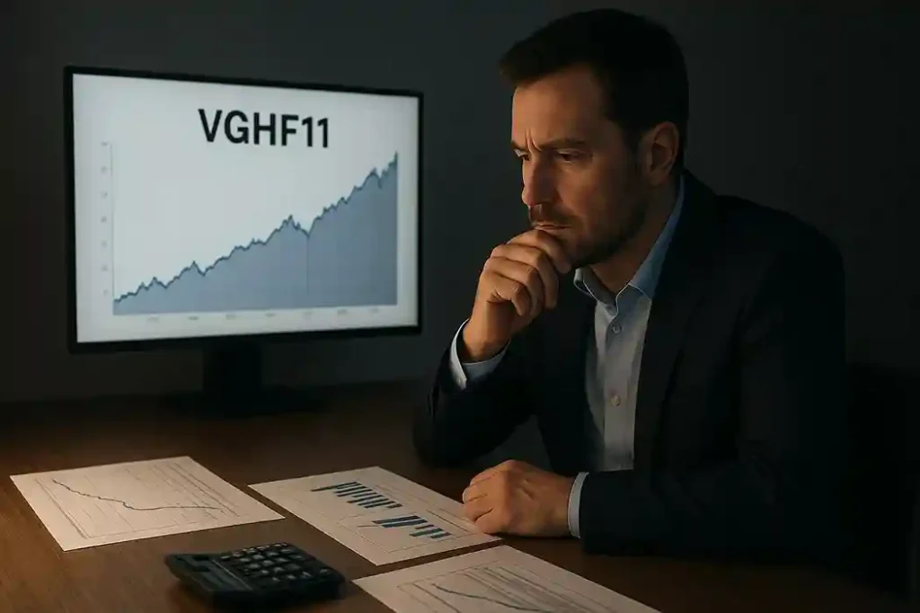 Investidor refletindo sobre gráficos financeiros e a oportunidade de investir no fundo imobiliário VGHF11.